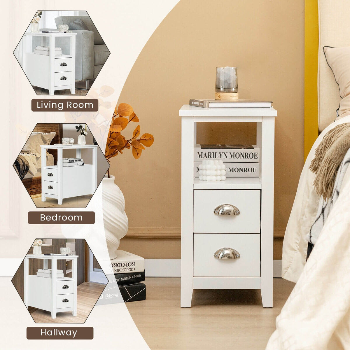 Mesa auxiliar estrecha y mesa de noche con 2 cajones y estante abierto, blanca
