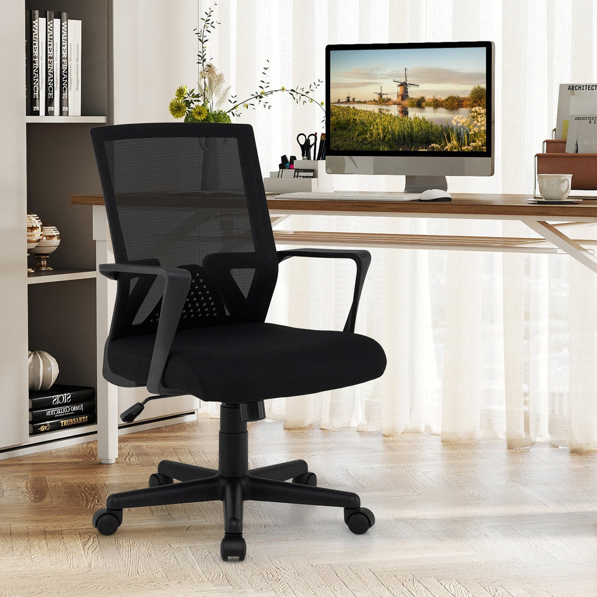 Silla de escritorio ergonómica con soporte lumbar y función de balanceo - Negra