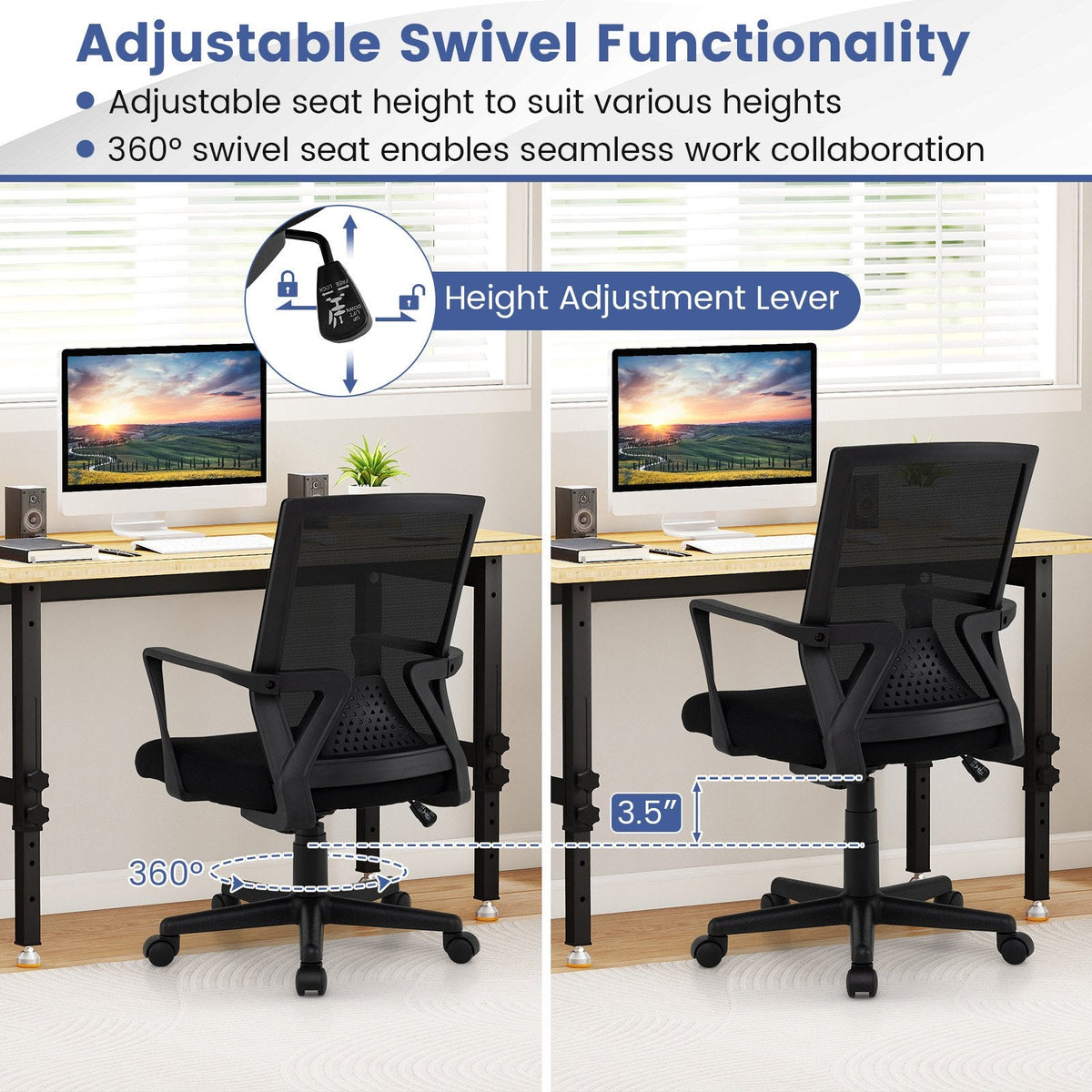 Silla de escritorio ergonómica con soporte lumbar y función de balanceo - Negra