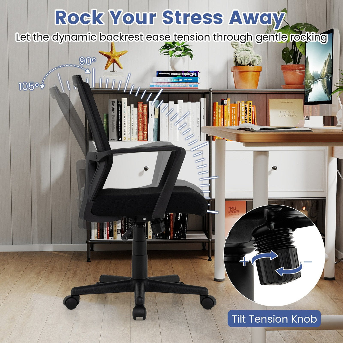 Silla de escritorio ergonómica con soporte lumbar y función de balanceo - Negra