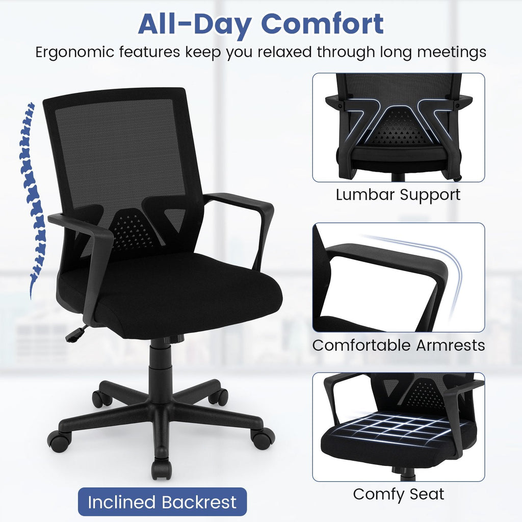 Silla de escritorio ergonómica con soporte lumbar y función de balanceo - Negra