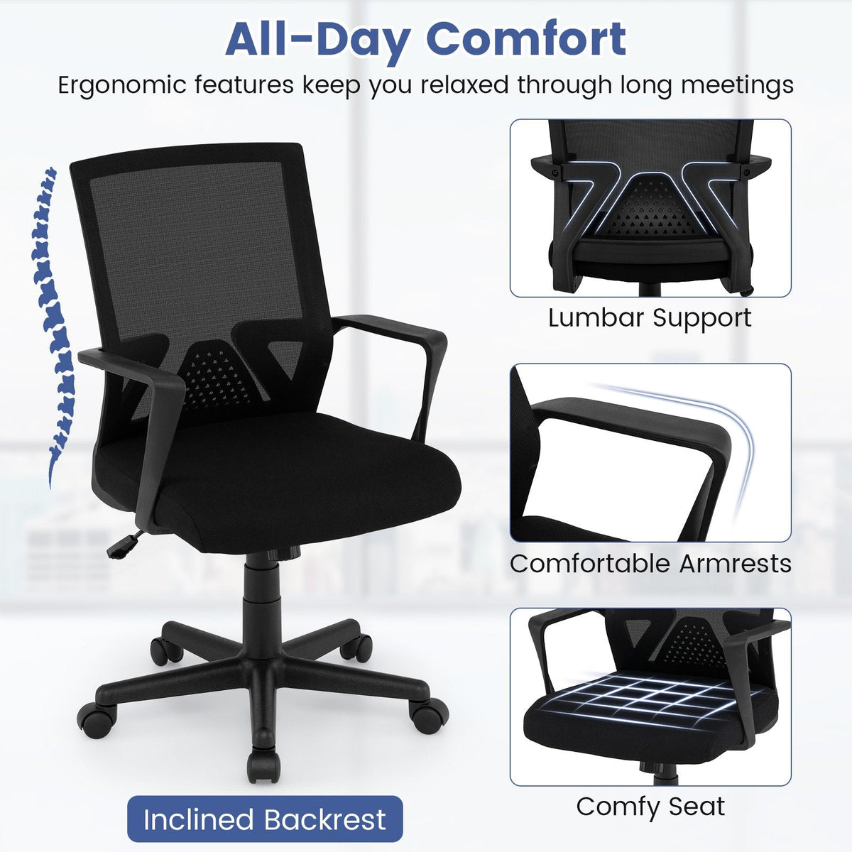 Silla de escritorio ergonómica con soporte lumbar y función de balanceo - Negra