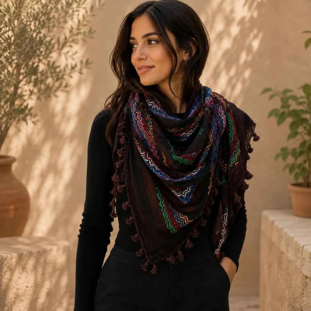 Black Palestinian Keffiyeh Scarf with colorful embroidery - Keffiyeh - Sumud