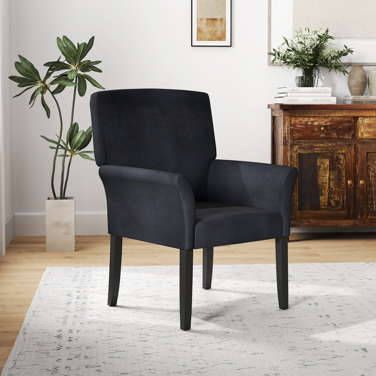 Sillón ejecutivo para visitas tapizado en tela con patas de madera de caucho-Negro