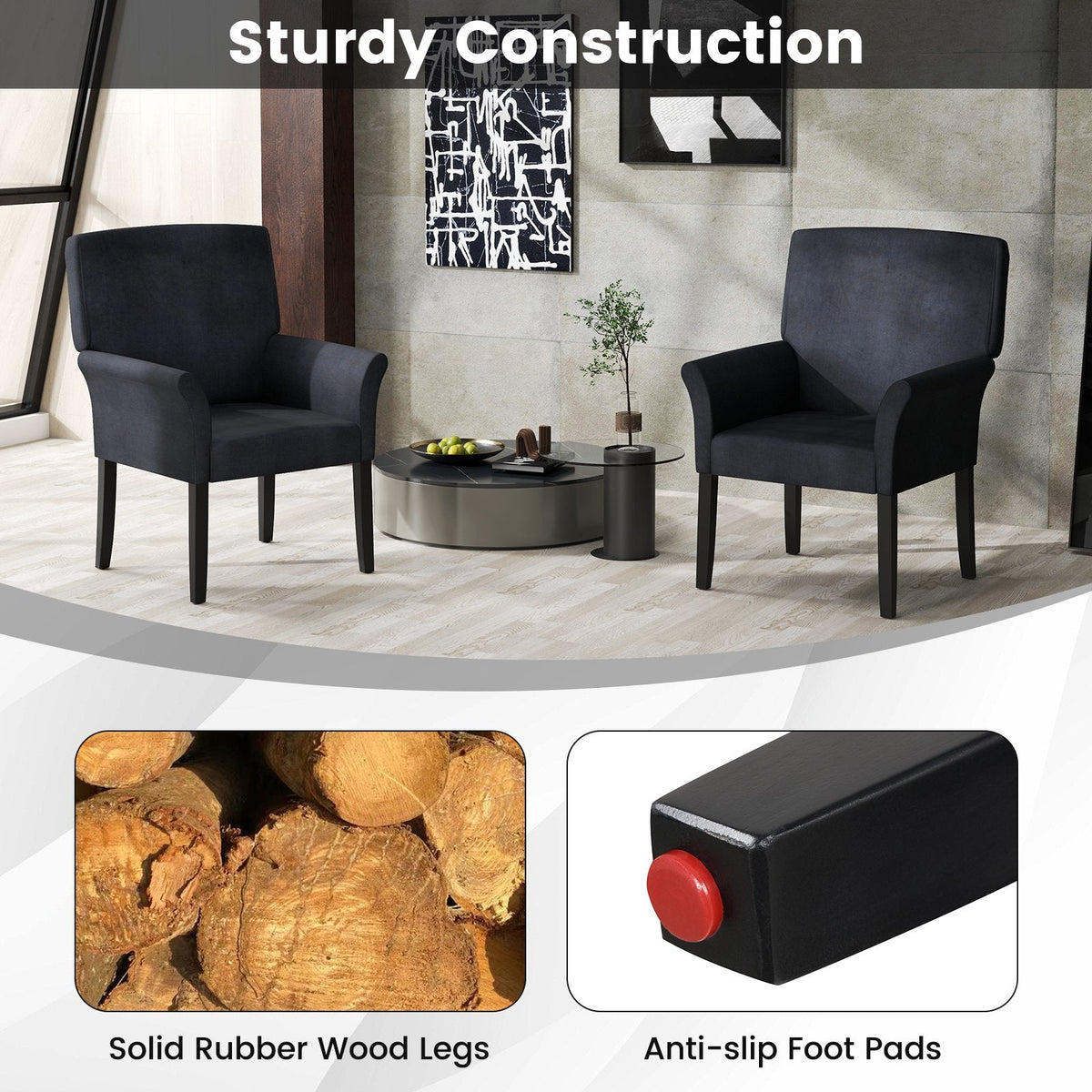 Sillón ejecutivo para visitas tapizado en tela con patas de madera de caucho-Negro