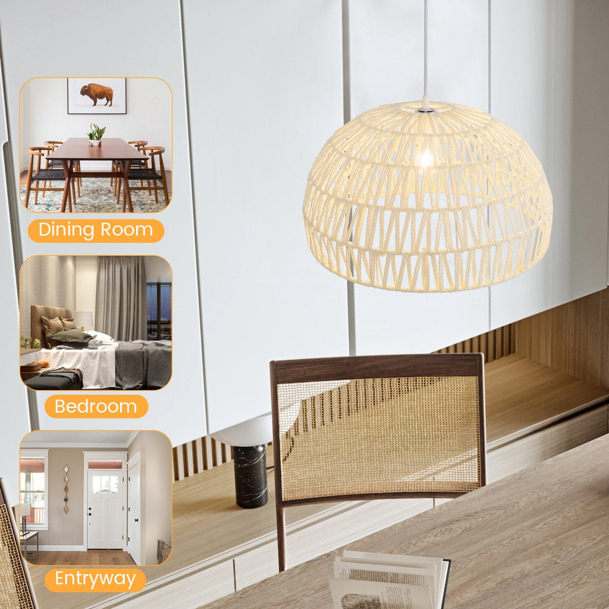 Rustikale Rattan-Pendelleuchten mit verstellbarem Aufhängeseil – Beige