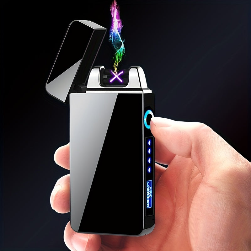 1pc Hot Electric Windproof Metal Lighter, Double Arc Flameless Plasma Rechargeable USB Lighter, LED Power Display Touch Sensor Lighter Christmas Gift