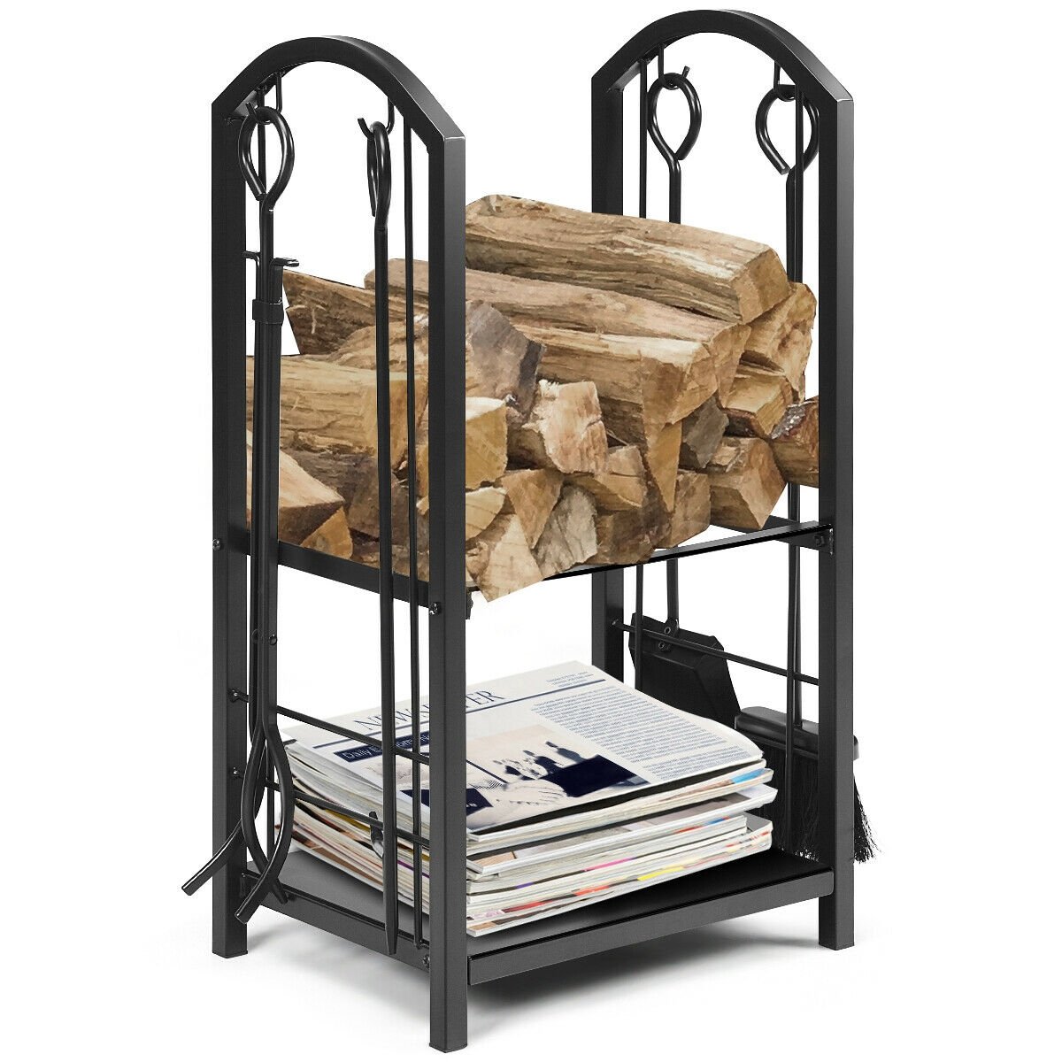 Kaminholzregal mit 4-teiligem Kamingarnitur-Set