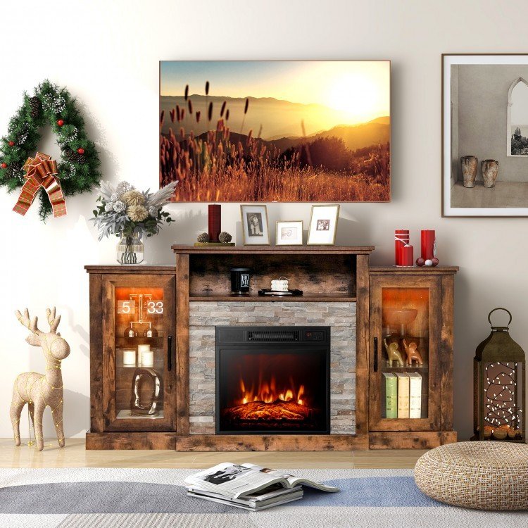 Meuble TV avec cheminée et lumières LED 16 couleurs pour téléviseurs jusqu'à 65 pouces - Marron