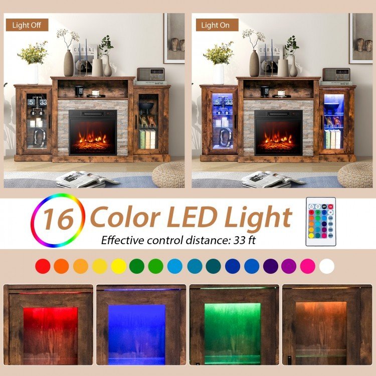 Meuble TV avec cheminée et lumières LED 16 couleurs pour téléviseurs jusqu'à 65 pouces - Marron