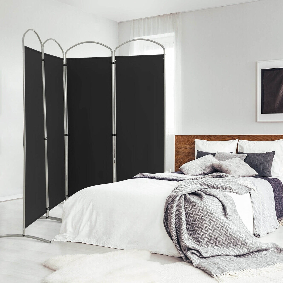 Biombo separador de ambientes de 4 paneles para oficina en casa o sala de estar, color negro