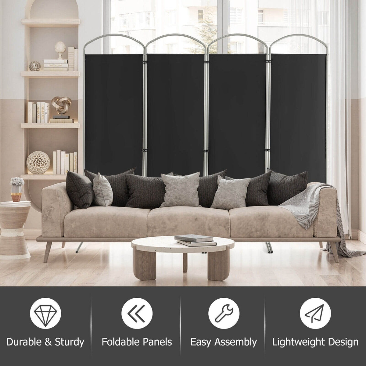 Biombo separador de ambientes de 4 paneles para oficina en casa o sala de estar, color negro