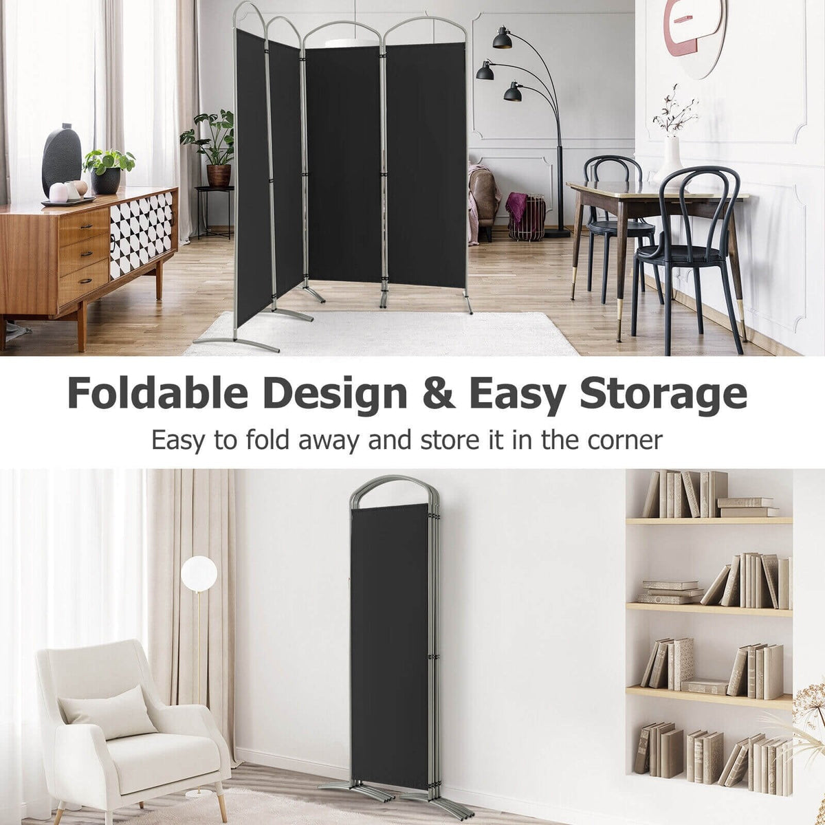 Biombo separador de ambientes de 4 paneles para oficina en casa o sala de estar, color negro