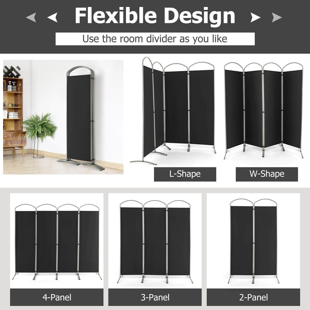 Biombo separador de ambientes de 4 paneles para oficina en casa o sala de estar, color negro