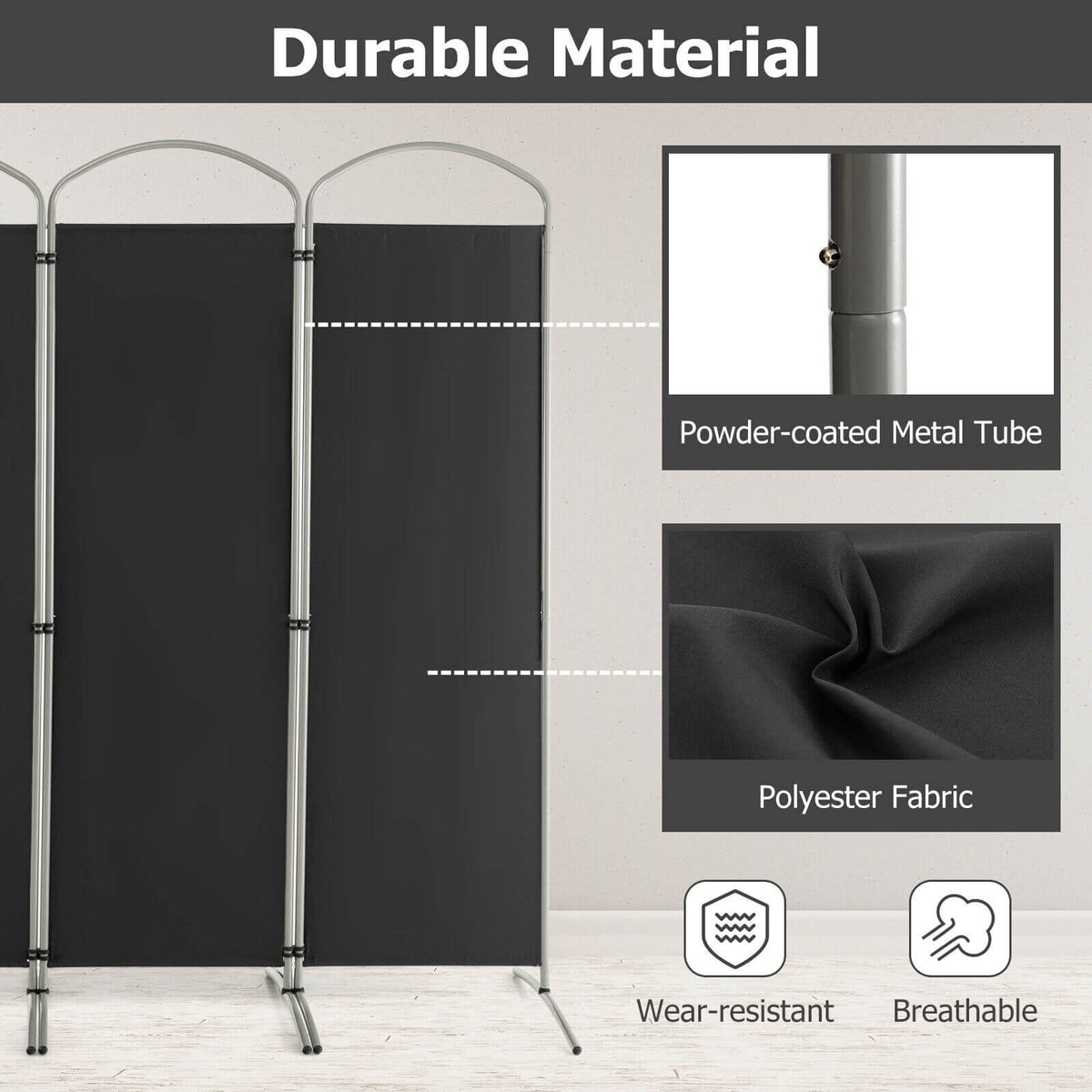 Biombo separador de ambientes de 4 paneles para oficina en casa o sala de estar, color negro