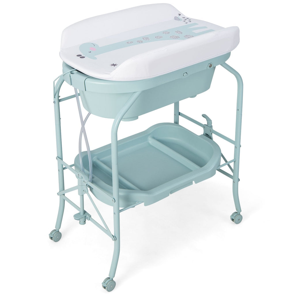 Table à langer pliable pour bébé avec baignoire et 4 roulettes universelles - Bleue
