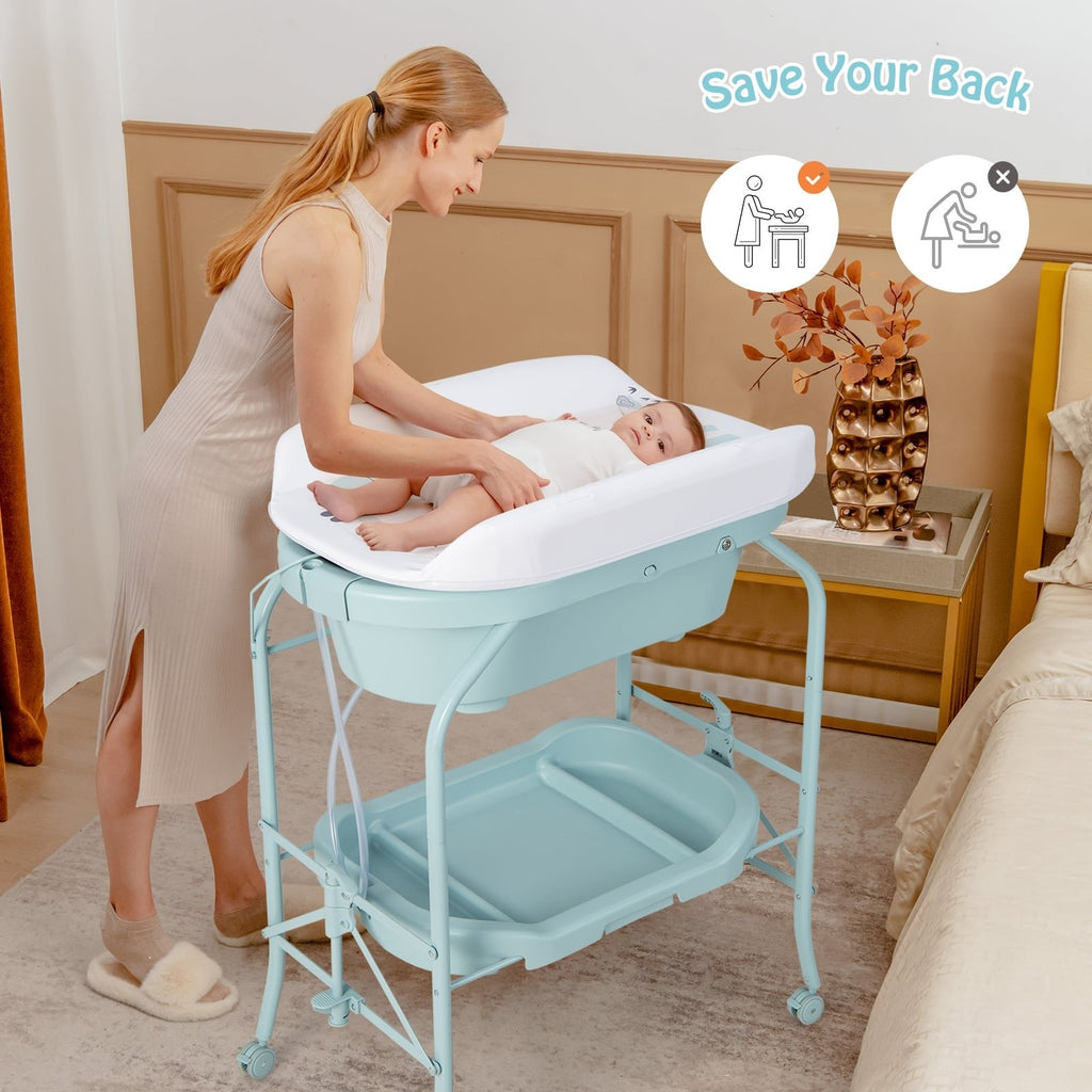 Table à langer pliable pour bébé avec baignoire et 4 roulettes universelles - Bleue