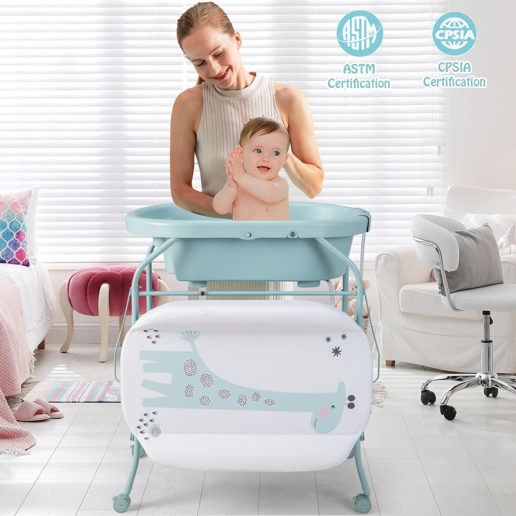 Table à langer pliable pour bébé avec baignoire et 4 roulettes universelles - Bleue