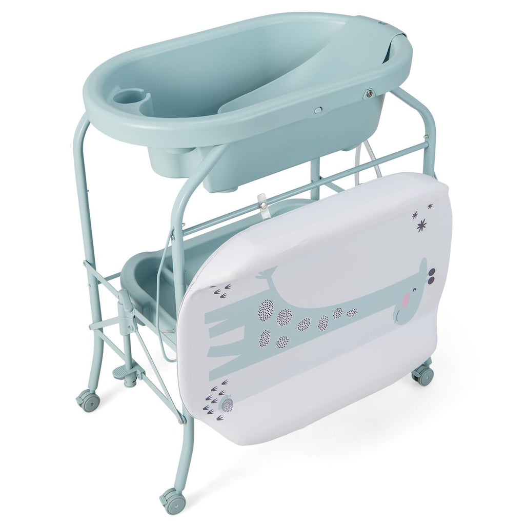 Table à langer pliable pour bébé avec baignoire et 4 roulettes universelles - Bleue