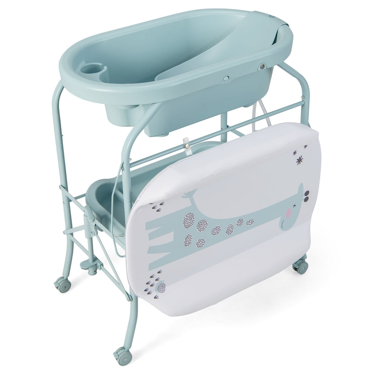 Table à langer pliable pour bébé avec baignoire et 4 roulettes universelles - Bleue