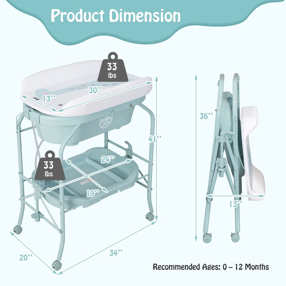 Table à langer pliable pour bébé avec baignoire et 4 roulettes universelles - Bleue