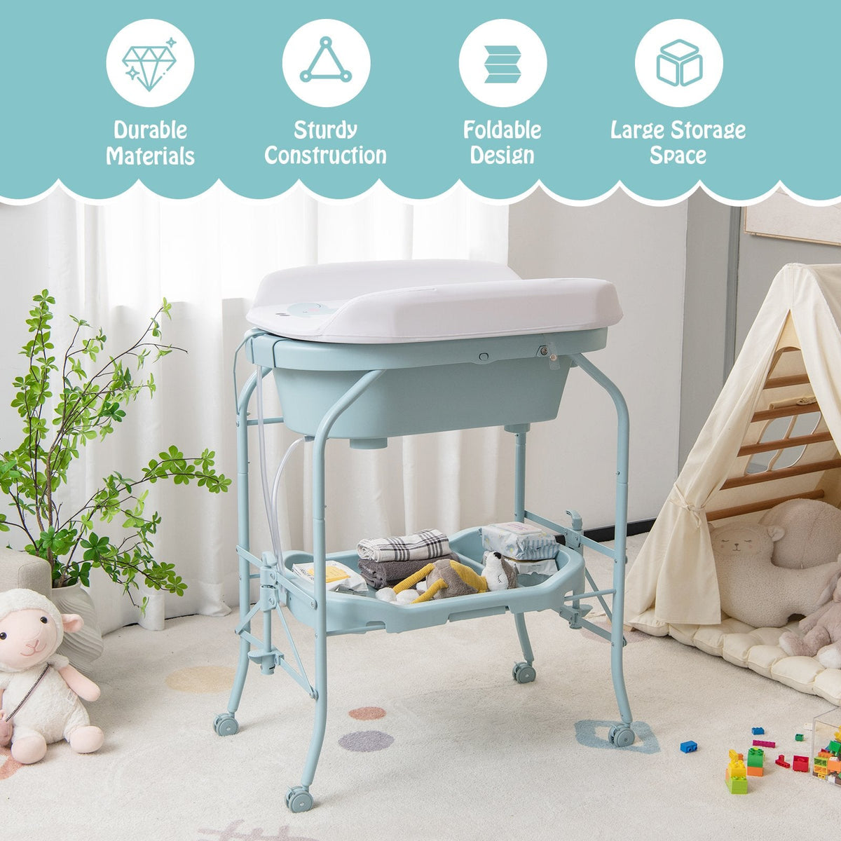 Table à langer pliable pour bébé avec baignoire et 4 roulettes universelles - Bleue