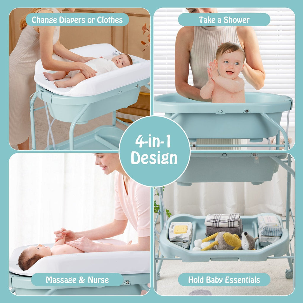 Table à langer pliable pour bébé avec baignoire et 4 roulettes universelles - Bleue