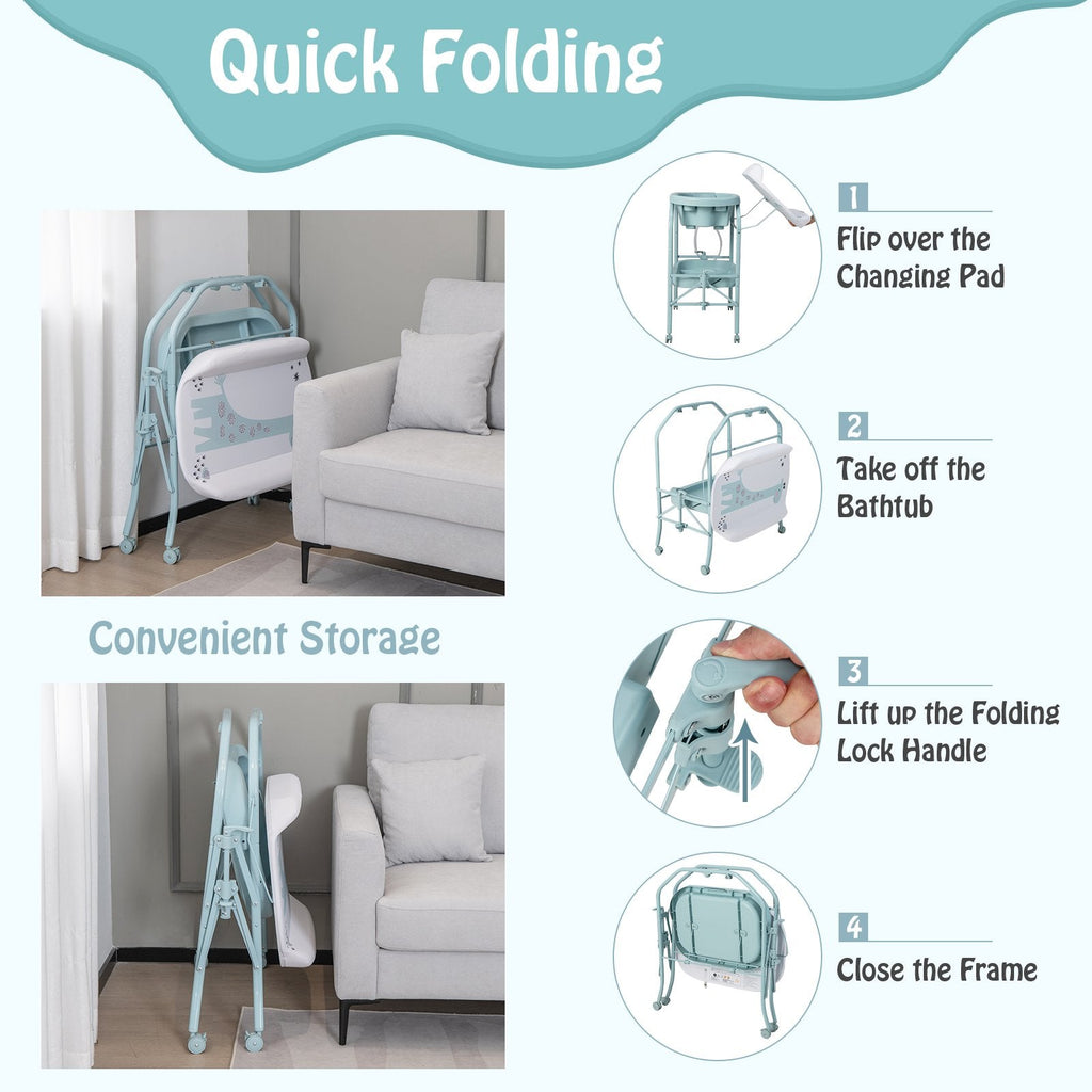 Table à langer pliable pour bébé avec baignoire et 4 roulettes universelles - Bleue