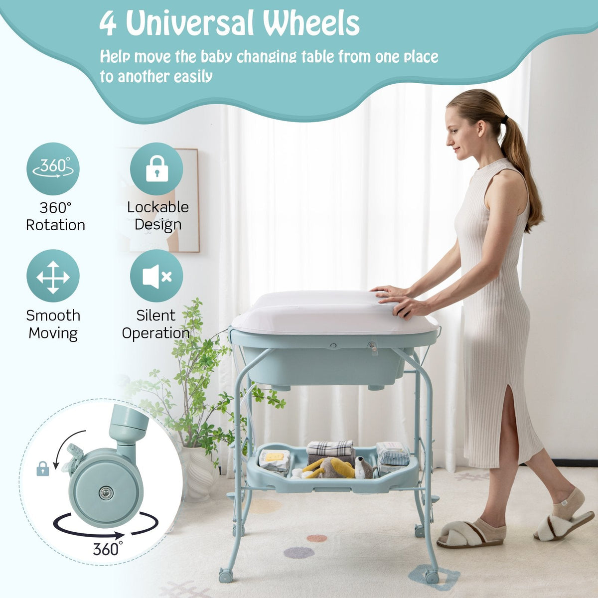 Table à langer pliable pour bébé avec baignoire et 4 roulettes universelles - Bleue