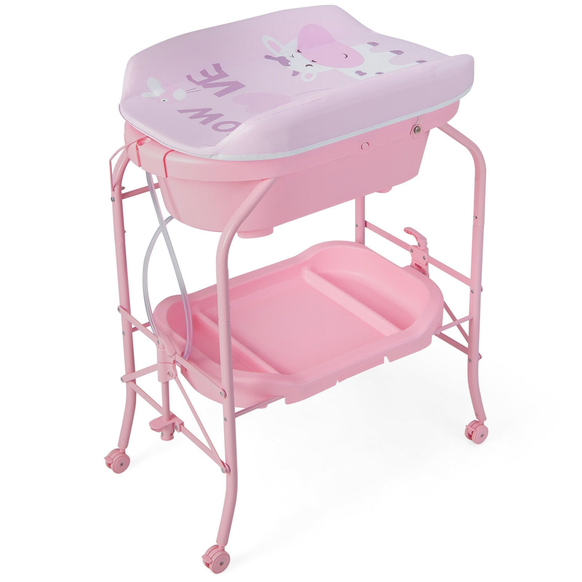 Zusammenklappbarer Wickeltisch für Babys mit Badewanne und 4 Universalrollen – Rosa