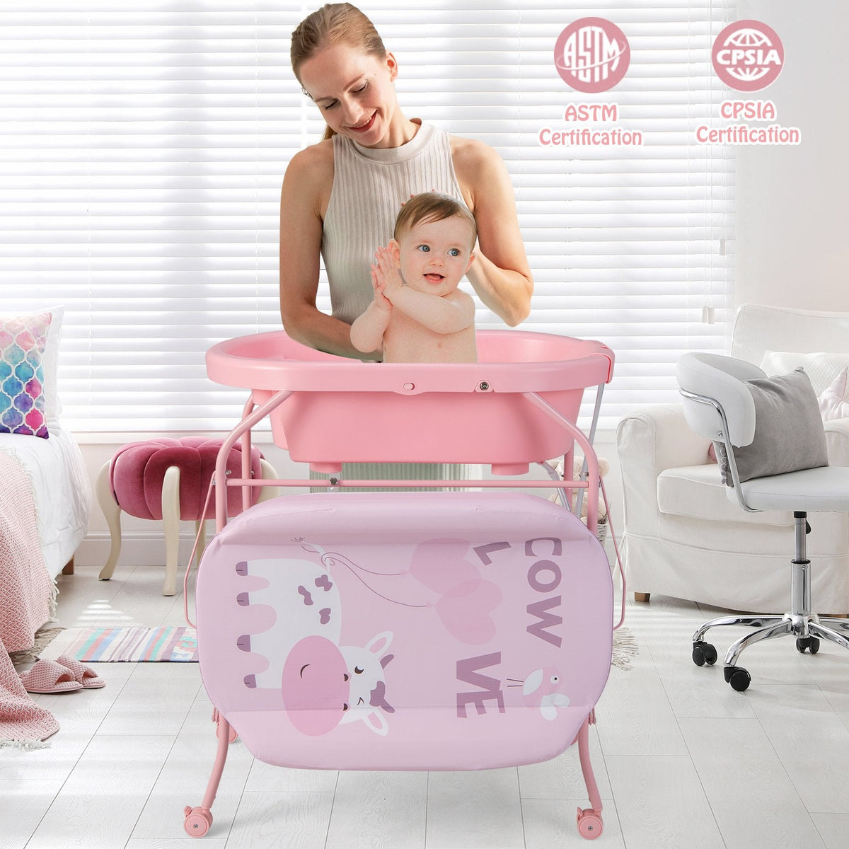 Zusammenklappbarer Wickeltisch für Babys mit Badewanne und 4 Universalrollen – Rosa