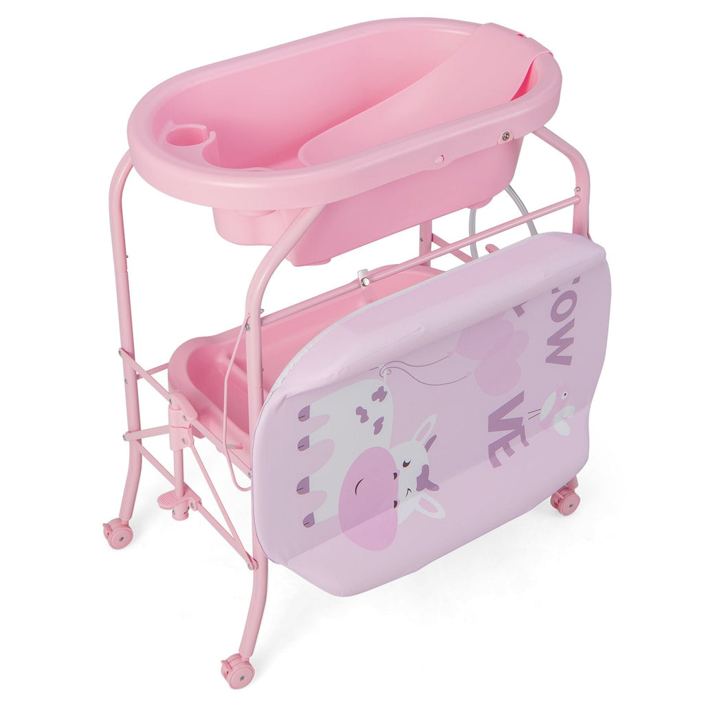 Zusammenklappbarer Wickeltisch für Babys mit Badewanne und 4 Universalrollen – Rosa