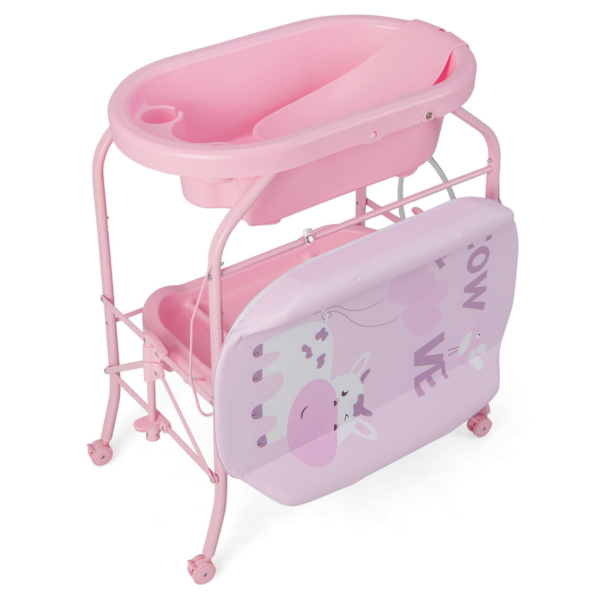 Zusammenklappbarer Wickeltisch für Babys mit Badewanne und 4 Universalrollen – Rosa