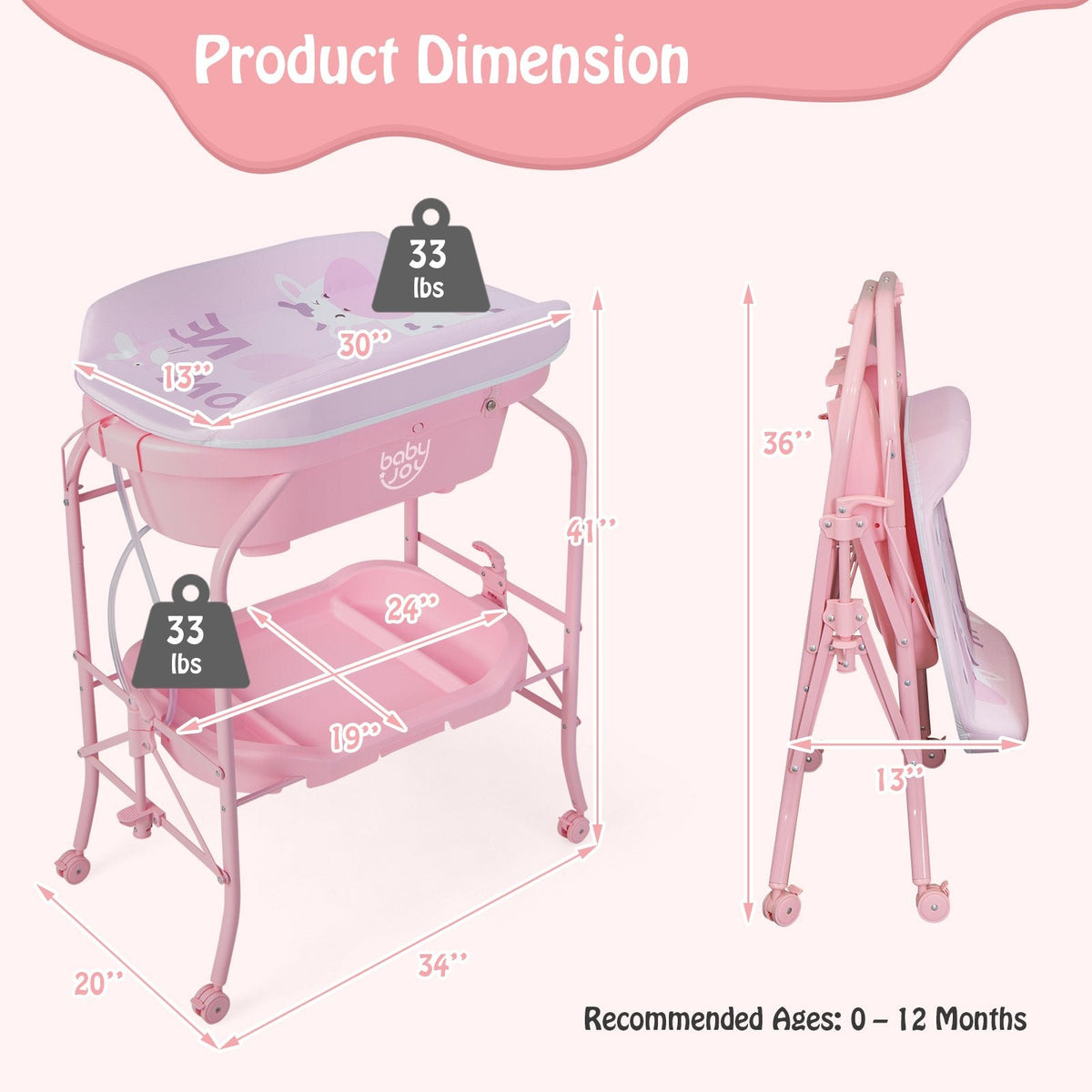 Zusammenklappbarer Wickeltisch für Babys mit Badewanne und 4 Universalrollen – Rosa