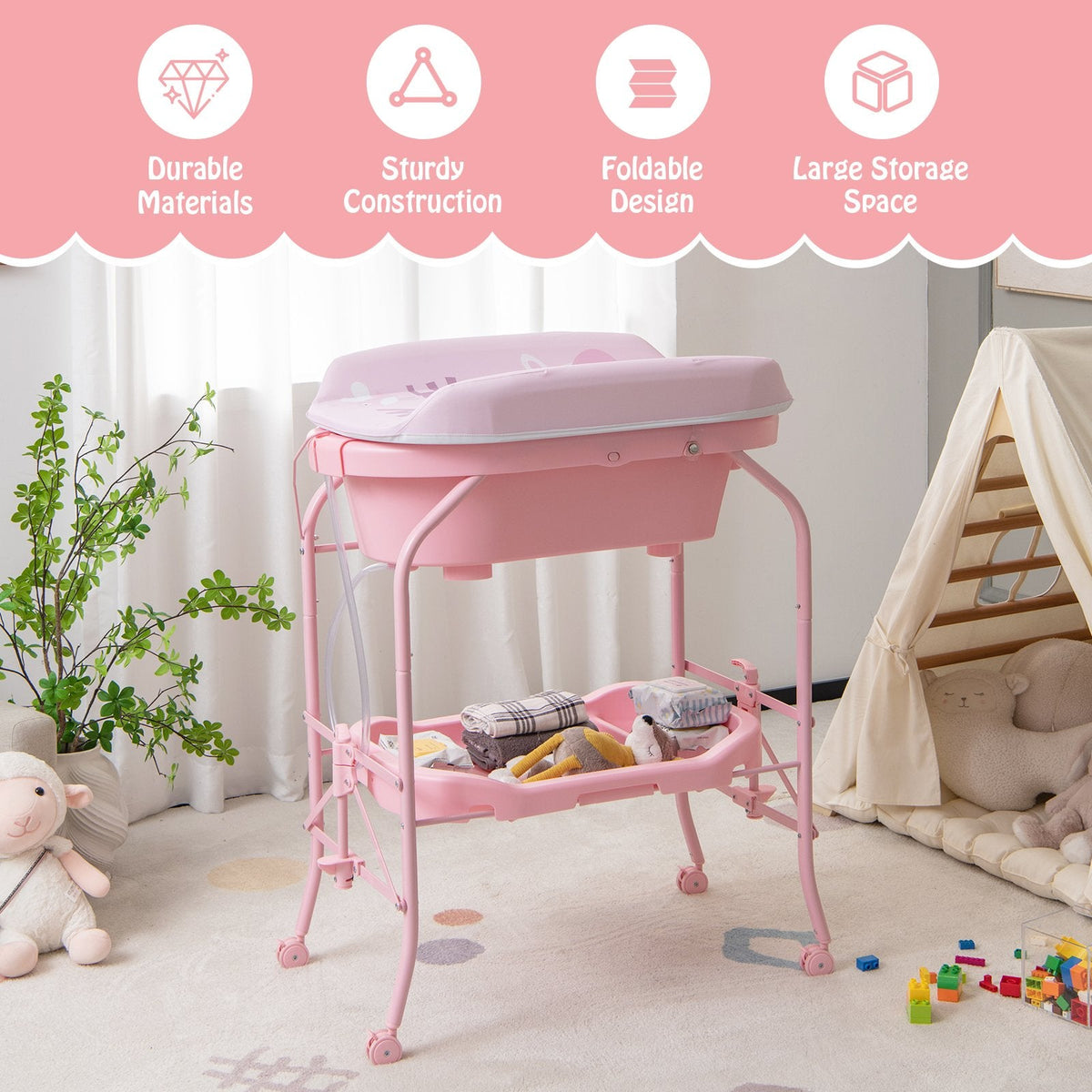 Zusammenklappbarer Wickeltisch für Babys mit Badewanne und 4 Universalrollen – Rosa