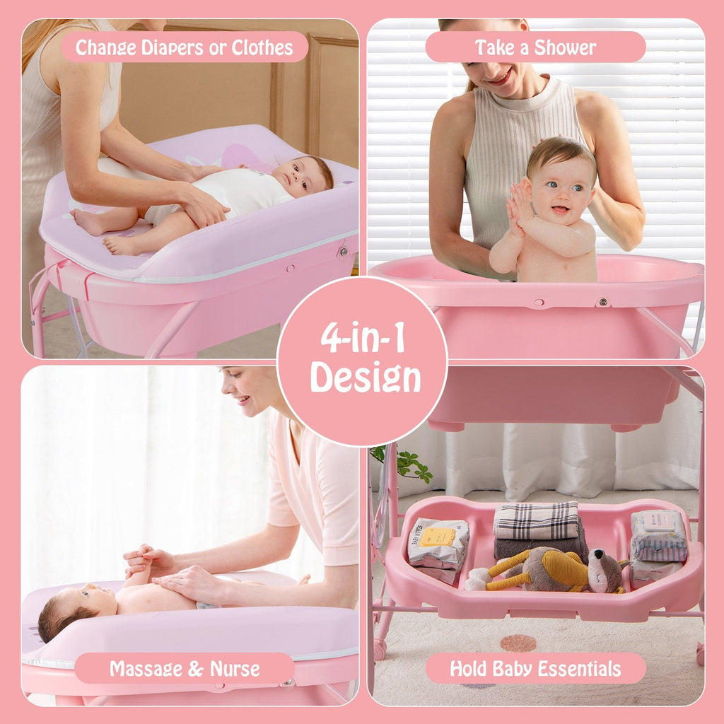 Zusammenklappbarer Wickeltisch für Babys mit Badewanne und 4 Universalrollen – Rosa