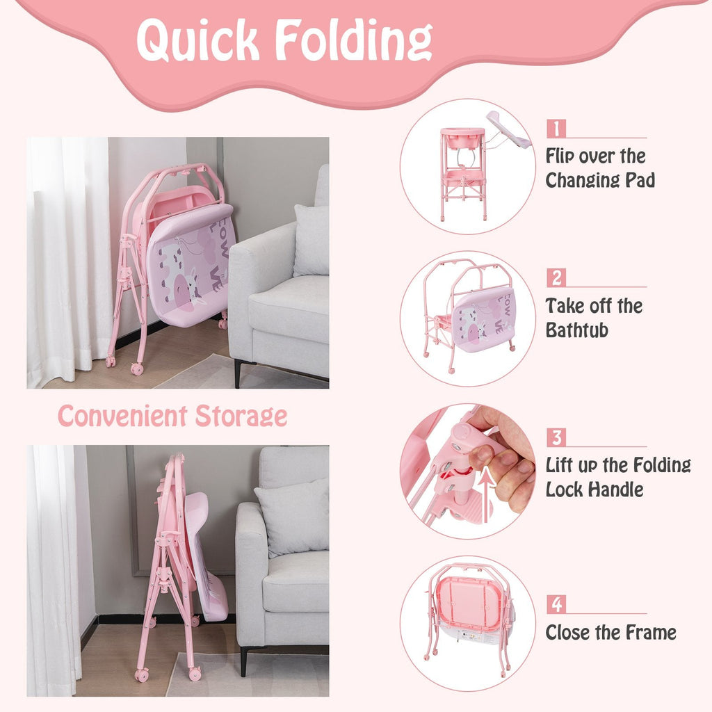 Zusammenklappbarer Wickeltisch für Babys mit Badewanne und 4 Universalrollen – Rosa