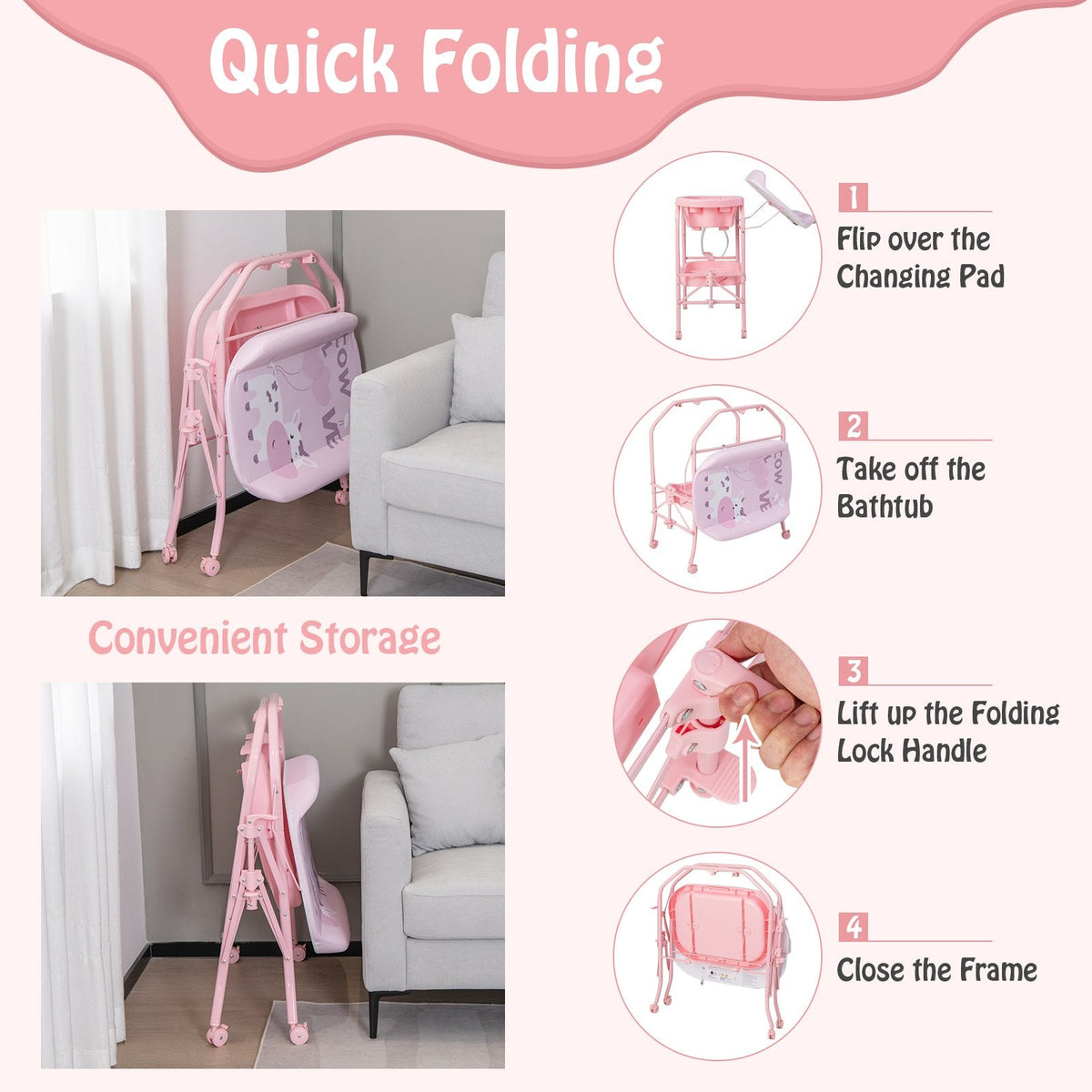 Zusammenklappbarer Wickeltisch für Babys mit Badewanne und 4 Universalrollen – Rosa