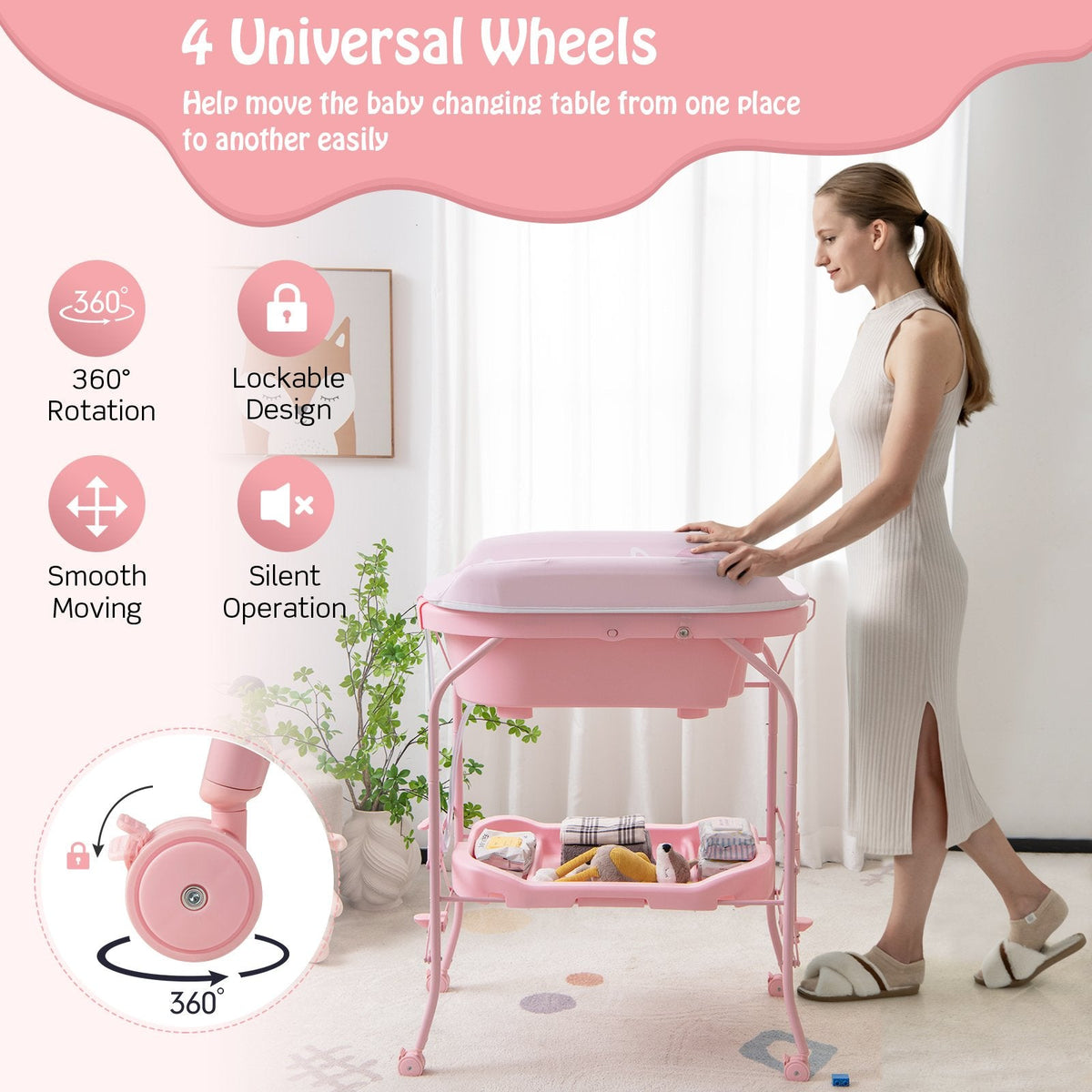 Zusammenklappbarer Wickeltisch für Babys mit Badewanne und 4 Universalrollen – Rosa
