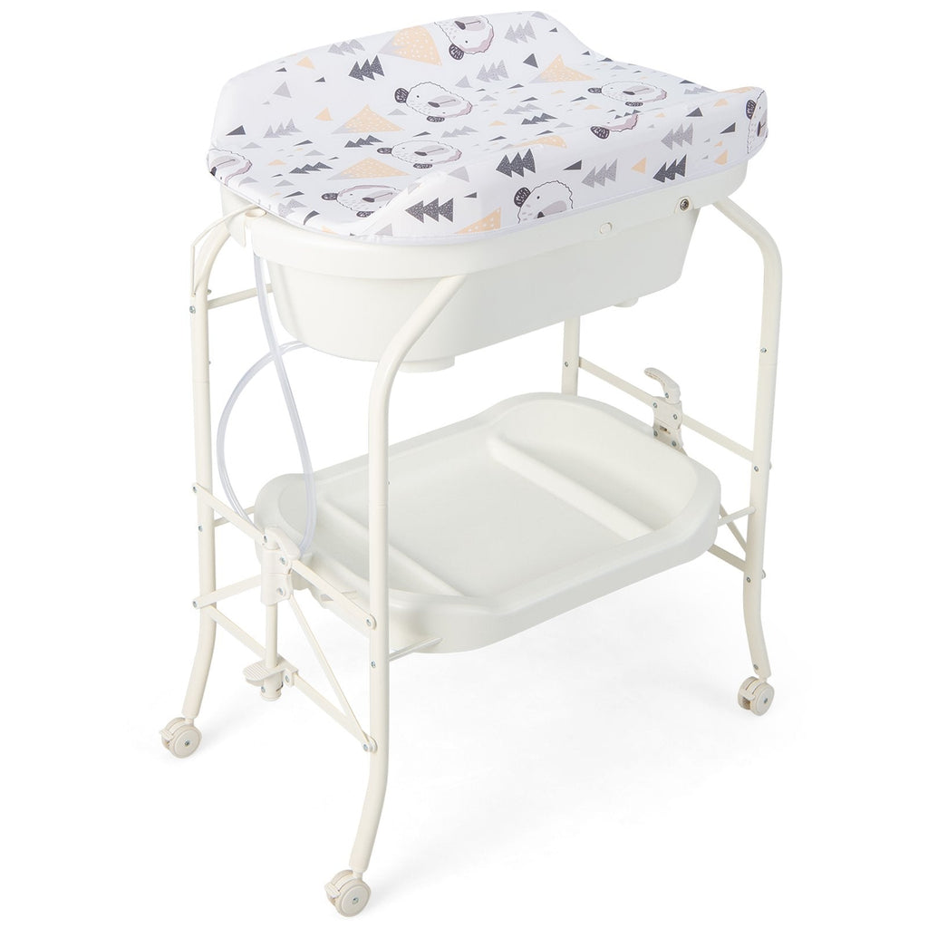 Cambiador de bebé plegable con bañera y 4 ruedas universales - Blanco