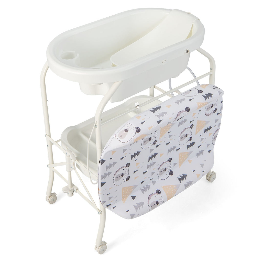Cambiador de bebé plegable con bañera y 4 ruedas universales - Blanco