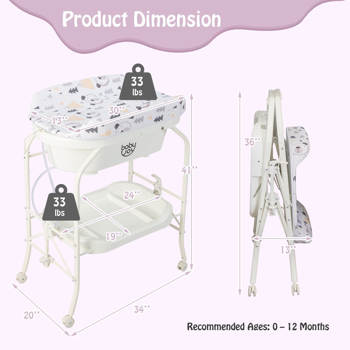 Cambiador de bebé plegable con bañera y 4 ruedas universales - Blanco