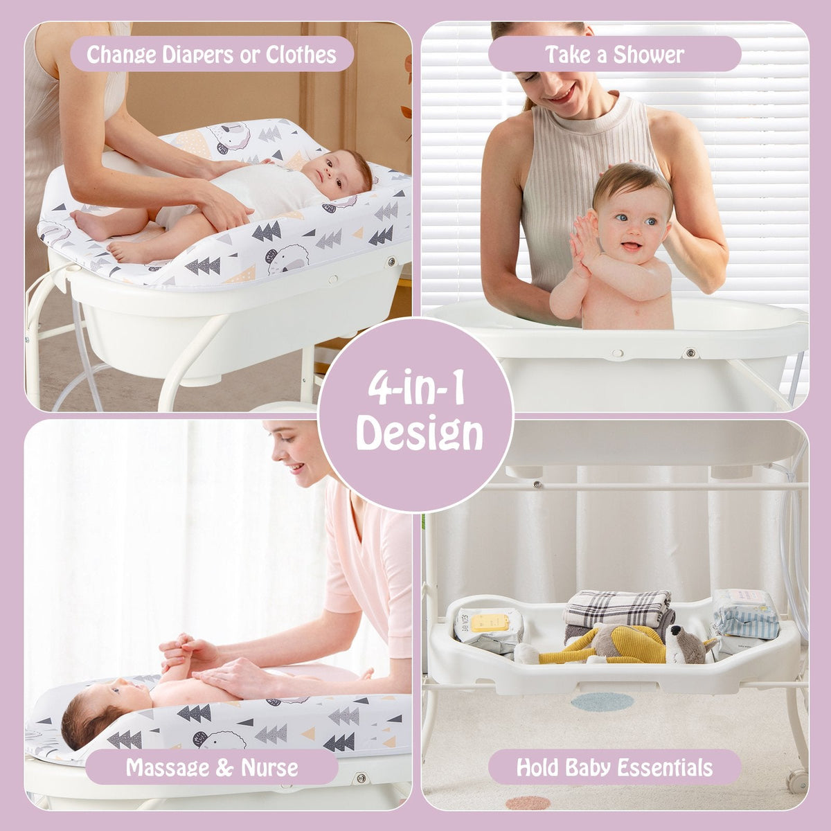 Cambiador de bebé plegable con bañera y 4 ruedas universales - Blanco