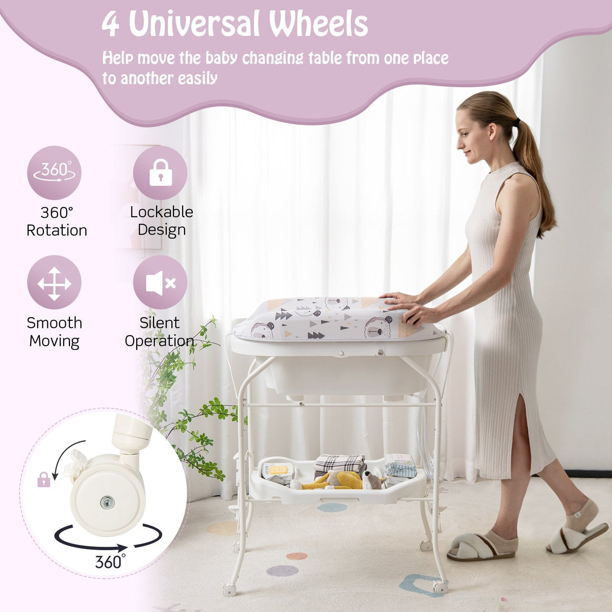 Cambiador de bebé plegable con bañera y 4 ruedas universales - Blanco