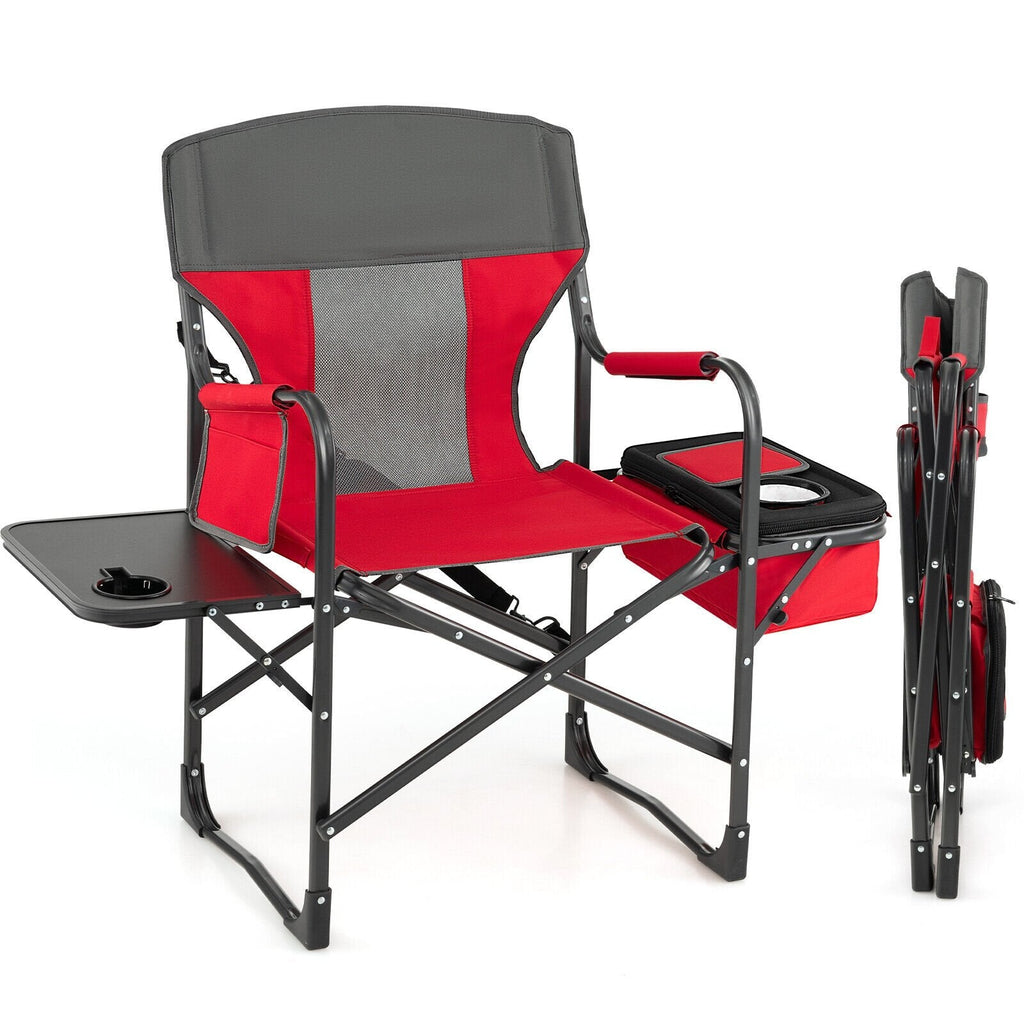 Klappbarer Camping-Regiestuhl mit Kühltasche und Seitentisch – Rot