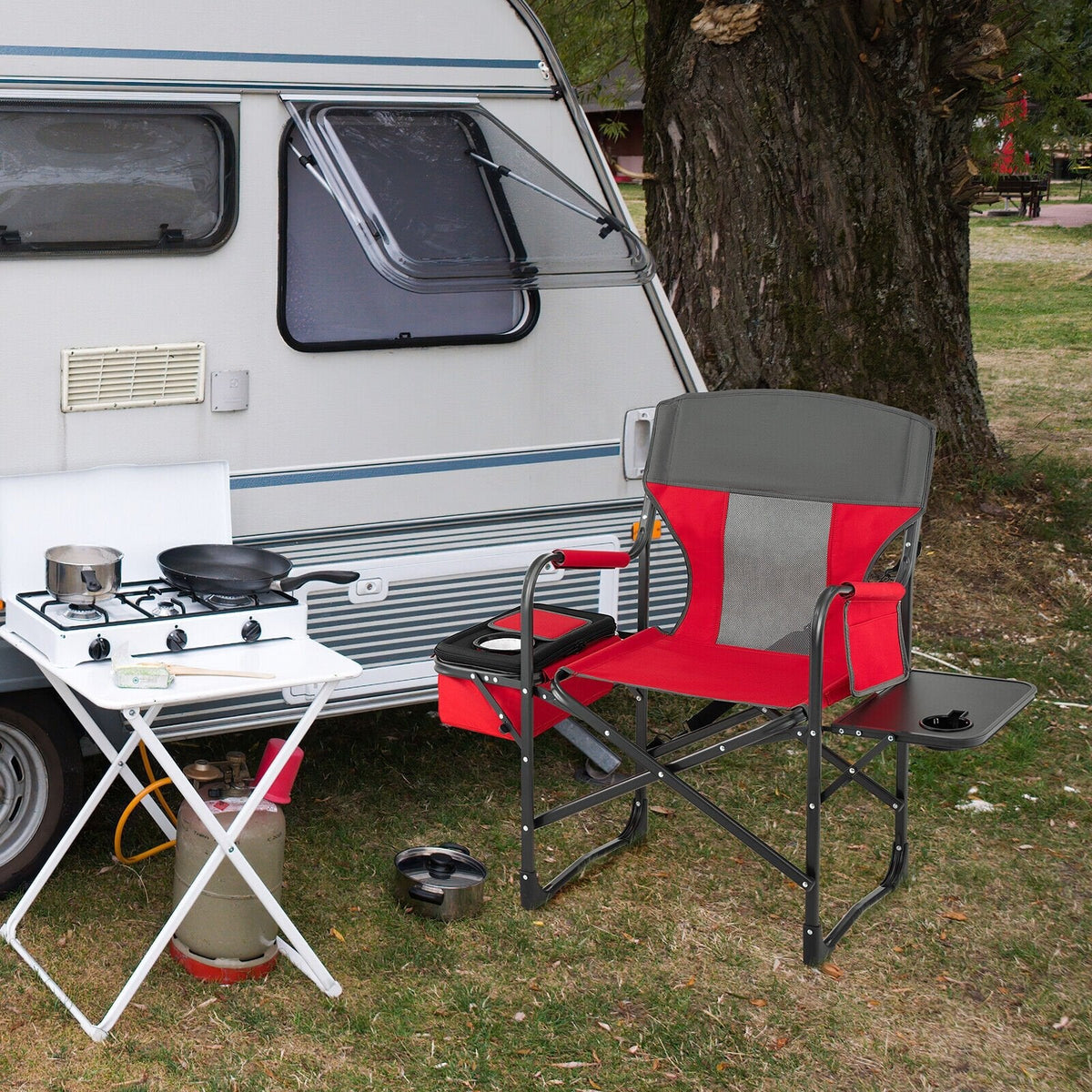 Klappbarer Camping-Regiestuhl mit Kühltasche und Seitentisch – Rot