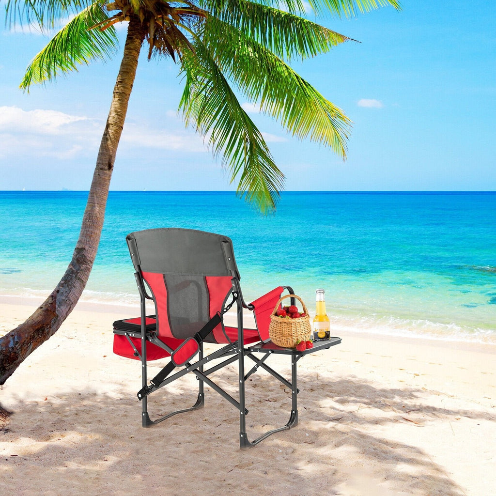 Klappbarer Camping-Regiestuhl mit Kühltasche und Seitentisch – Rot