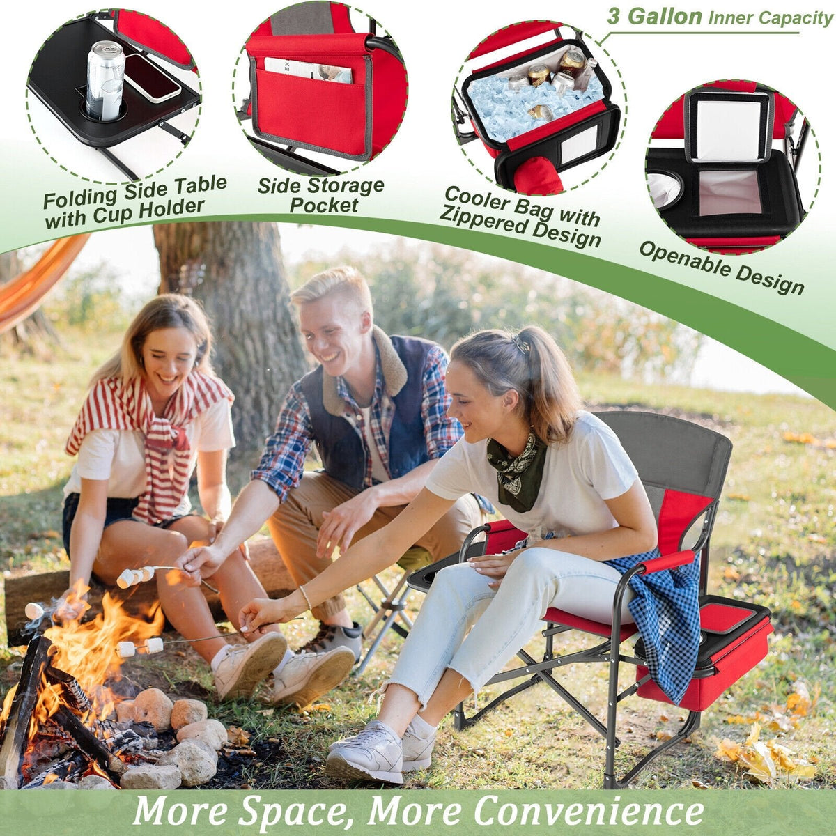 Klappbarer Camping-Regiestuhl mit Kühltasche und Seitentisch – Rot