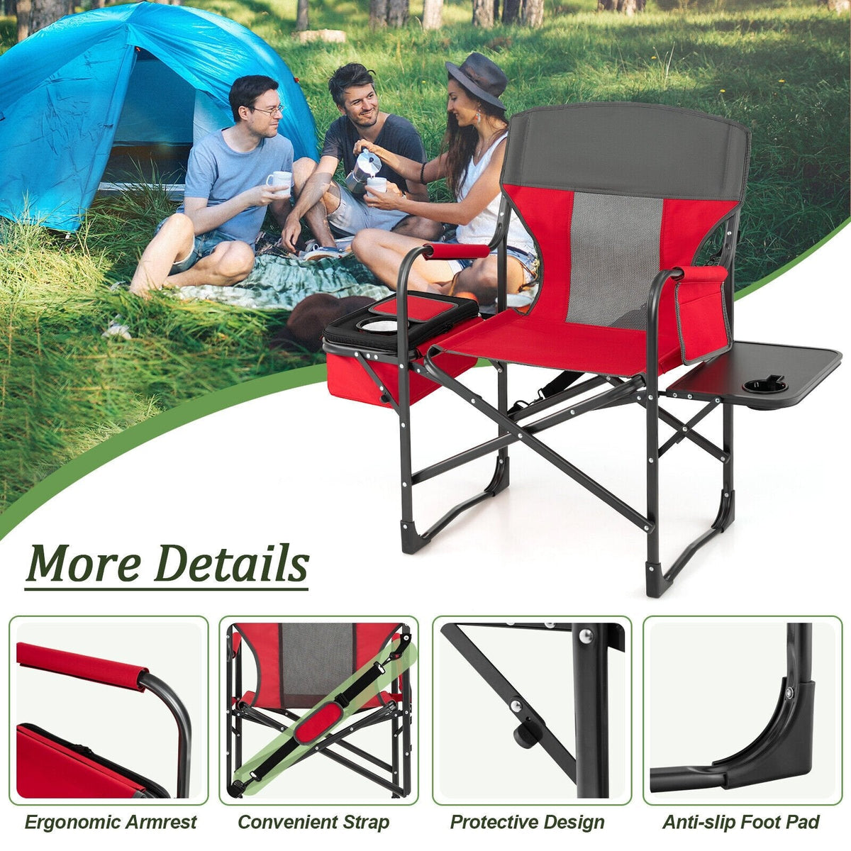 Klappbarer Camping-Regiestuhl mit Kühltasche und Seitentisch – Rot