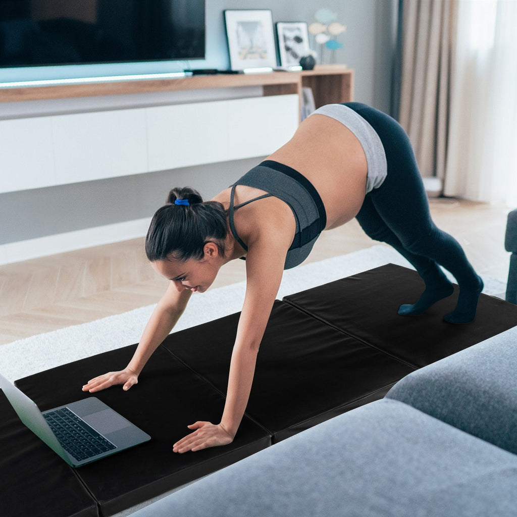 Tapis de gymnastique pliable avec poignées de transport et housse amovible en cuir PU anti-transpiration-Noir